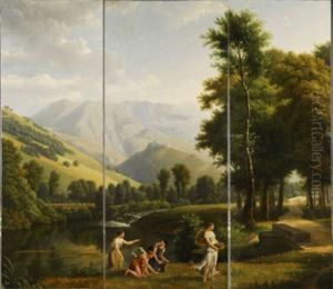 Paisaje Italiano Con Jovenes Recogiendo Flores Cerca De Un Rio by Alexandre-Hyacinthe Dunouy