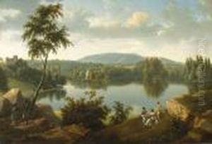 An Extensive Landscape With Figures Greeting Hunters Along The Banks Of A River