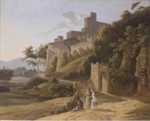 An Italianate Landscape With Two Young Ladies Giving Alms To An Old Man