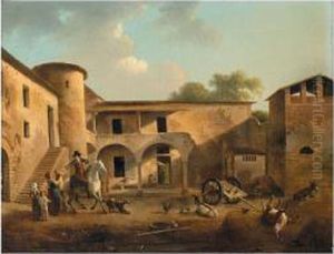 A Courtyard With A Horseman Departing From His Family
