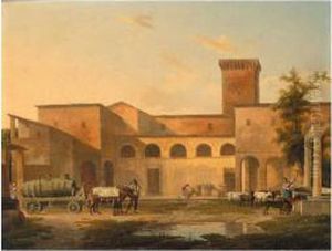 The Courtyard Of A Monastery 
With A Woman Drawing Water From A Well And A Barrel Loaded On A Wagon 
Drawn By Oxen