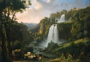The Cascades At Tivoli With The Temple Of Sibyl And A Shepherdessin The Foreground by Alexandre-Hyacinthe Dunouy