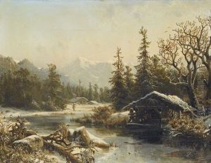 Winterlandschaft Mit Bach Und Alpensicht by Johannes-Bertholomaus Dutntze