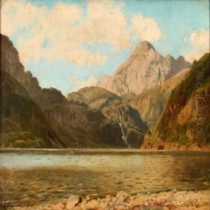 Norwegian Fiordscene With Mountains by Johannes-Bertholomaus Dutntze