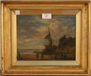 Dutch Coastal View With Figures Near Beached Boats And Cottages