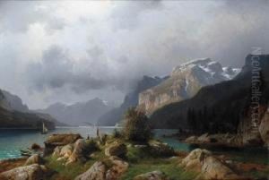 Alpenlandschaft Mit Einem See by Johannes-Bertholomaus Dutntze
