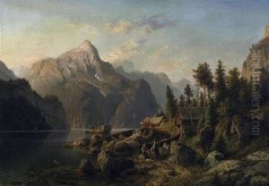 Summer In The Fjord. Fishermen
In Front Of Their Wooden Cottages By The Water. Signed And Dated Lower
Left: J. Duntze 1867 by Johannes-Bertholomaus Dutntze