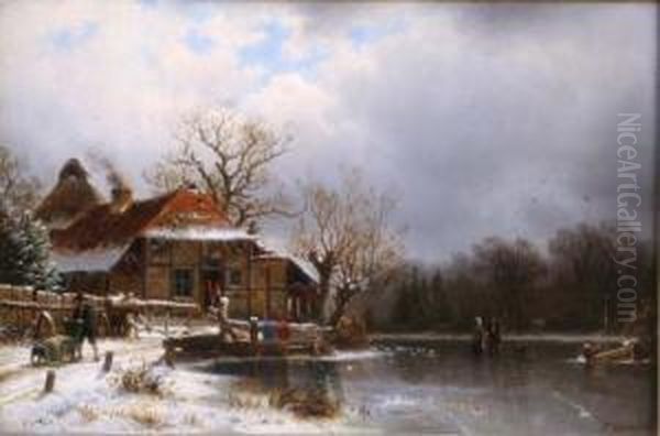 German Oil On Wooden Panel
Winter Landscape With Cottage And Figures On The Ice Signed And Dated
1876 10 X 15in - view 1