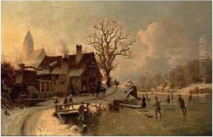Figures Skating On A Frozen Lake by Johannes-Bertholomaus Dutntze