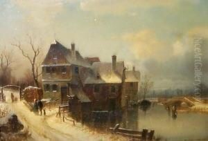 Winterlandschaft. Zugefrorener 
Wasserlauf Mit Schlittschuhlaufern. Unten Rechts Monogrammiert Und 
Datiert J.d. 1863