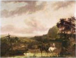 An Italianate Landscape With Horsemen On A River-bank by Jean Duplessi-Bertaux