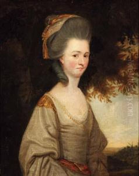 Portrait Of A Lady, Small
Half-length, In A White Dress With Goldtrim, In A Landscape; And
Portrait Of A Gentleman, Smallhalf-length, In A Green Coat And Yellow
Waistcoat, In Alandscape - view 1