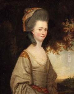 Portrait Of A Lady, Small
Half-length, In A White Dress With Goldtrim, In A Landscape; And
Portrait Of A Gentleman, Smallhalf-length, In A Green Coat And Yellow
Waistcoat, In Alandscape by Dupont Gainsborough