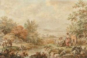 A mountainous landscape with maids milking a goat on the bank of a stream by Jacob Cats