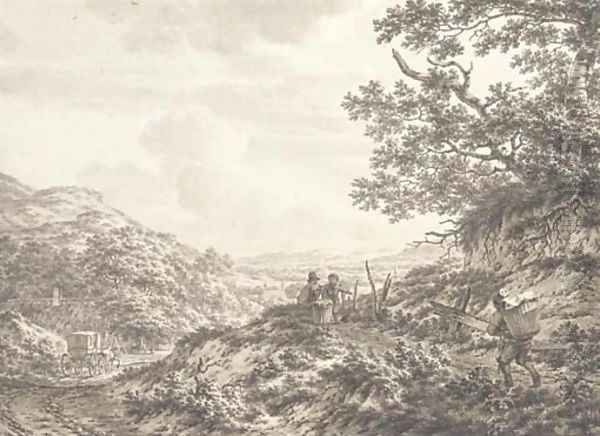 An extensive hilly landscape with figures carrying baskets - view 1