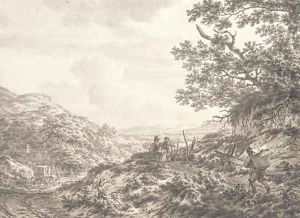 An extensive hilly landscape with figures carrying baskets by Jacob Cats