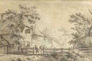 Peasants on country roads by farmhouses by Jacob Cats