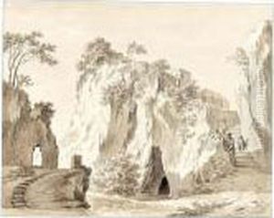 Rocky Landscape Near Sorrento, With Figures On Steps by Daniel Dupre