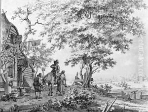 A couple offering a drink to a cavalier and his horse by a tavern by Jacob Cats
