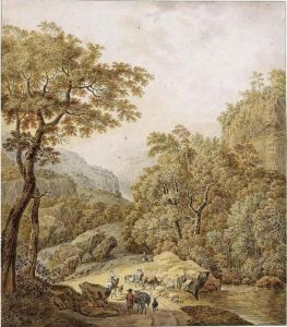 An Extensive Mountainous
Landscape With Waterfalls And Peasants With Their Flocks On A Path,
After Jan Hackert by Daniel Dupre
