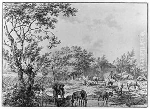 A Herdsman watering his Cattle near a Farm by Jacob Cats