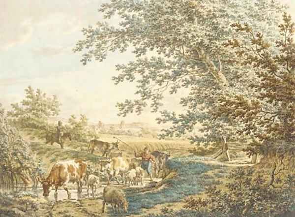 Cattle at a pond in a landscape - view 1