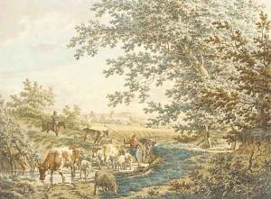 Cattle at a pond in a landscape by Jacob Cats