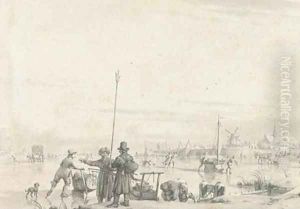 Figures skating and transporting produce on a frozen river, a walled town beyond by Jacob Cats