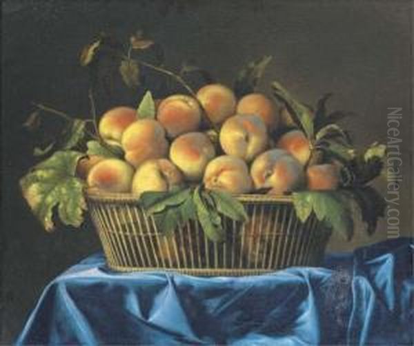 Peaches In A Wicker Basket On A Draped Table - view 1