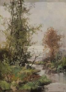 Femme Au Bord D'une Riviere Dans La Foret by Louis Dupuy
