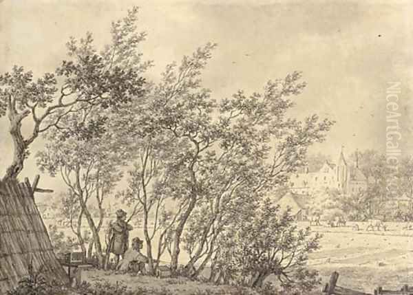 Two figures in a copse watching a bird trap, a castle beyond - view 1