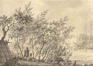 Two figures in a copse watching a bird trap, a castle beyond by Jacob Cats