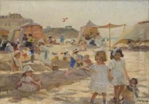 La Jeune Fille Au Drapeau Sur La Grande Plage A Biarritz by Paul Michel Dupuy
