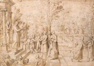 Figures imploring a Priest on the Steps of a Temple by Antoine Caron