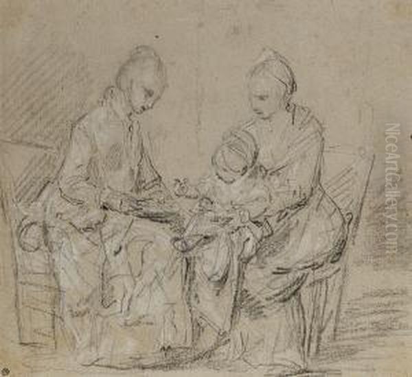 Two Ladies Seated, Playing With A Young Child - view 1