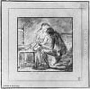 Deux Personnages Se Lavant A La Lumiere D'une Bougie by Louis Jean-Jacques Durameau
