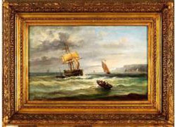 Vaisseaux Et Chaloupe Par Mer Forte, Non Loin Des Cotes Normandes - view 1