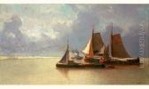 Trois Barques De Peche A Poste, En Arriere Plan Un Bateau A Aube by Jean Baptiste Henri Durand-Brager