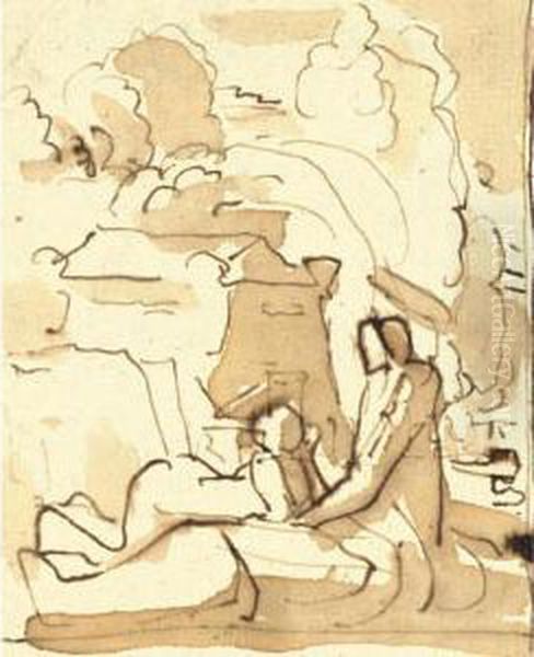 Tre Pagine Di Un Album: Un
Paesaggio Con Un Edificio Classico E Due Figure; Studio Di Due Figure
Femminili; Studio Di Madonna - view 1