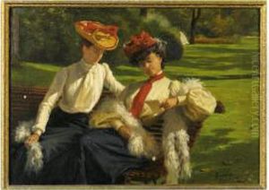 Deux Jeunes Femmes Lisant Une Lettre Sur Un Banc by Fortunato Duranti