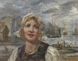 Hollandisches Madchen In Festtagstracht Vor Hafenmotiv by Carl Duxa