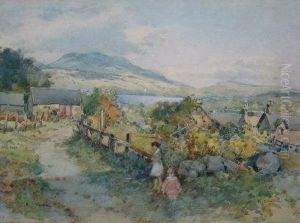 Children And Cottages Before A Loch by Robert Eadie