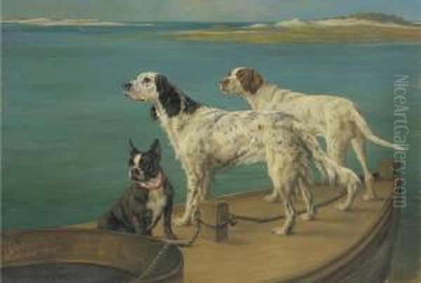 For Divers Reasons: Two Setters And A Boston Terrier On A Barge - view 1