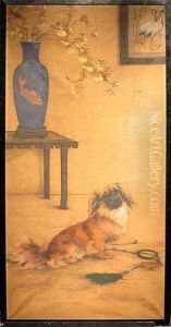 Asian Inspired - A Pekingese Seated In An Interior by Maud Earl