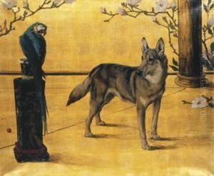 A German Shepherd And Parrot by Maud Earl
