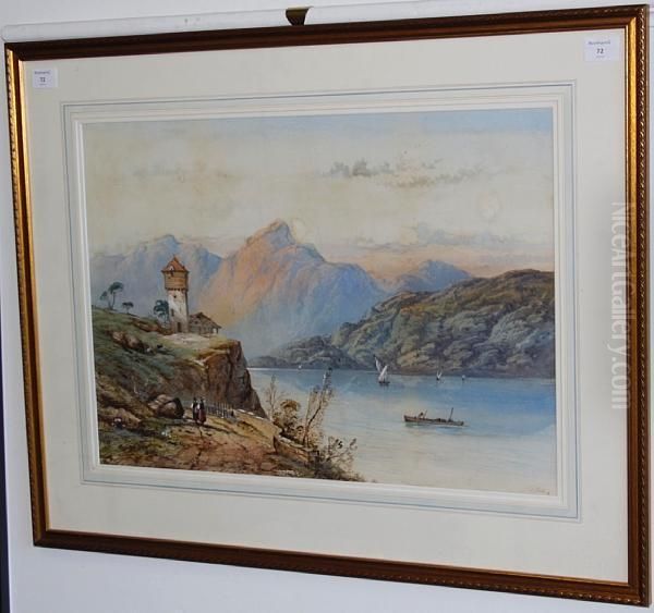 Continental Lake Landscape With Two Figureswalking On A Path Towards And A Tower - view 1