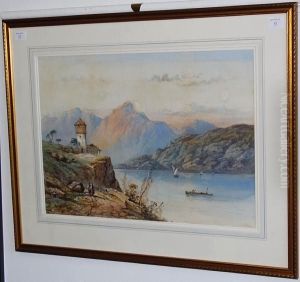 Continental Lake Landscape With Two Figureswalking On A Path Towards And A Tower