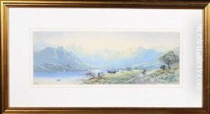 A Lakeland Scene With Figures And Cattle In The Foreground