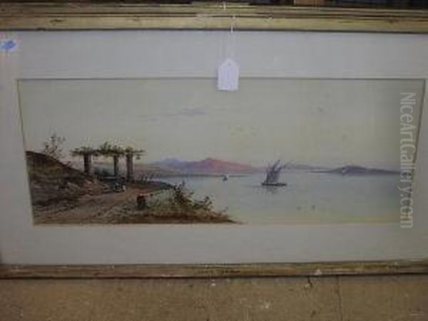 Lake Scene With Boats And Figures On A Track, Signed And Dated '75, Watercolour - view 1