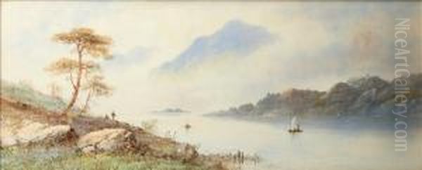 A Highlandlandscape, With Cottages A Mist Shrouded Highland Lock - view 1